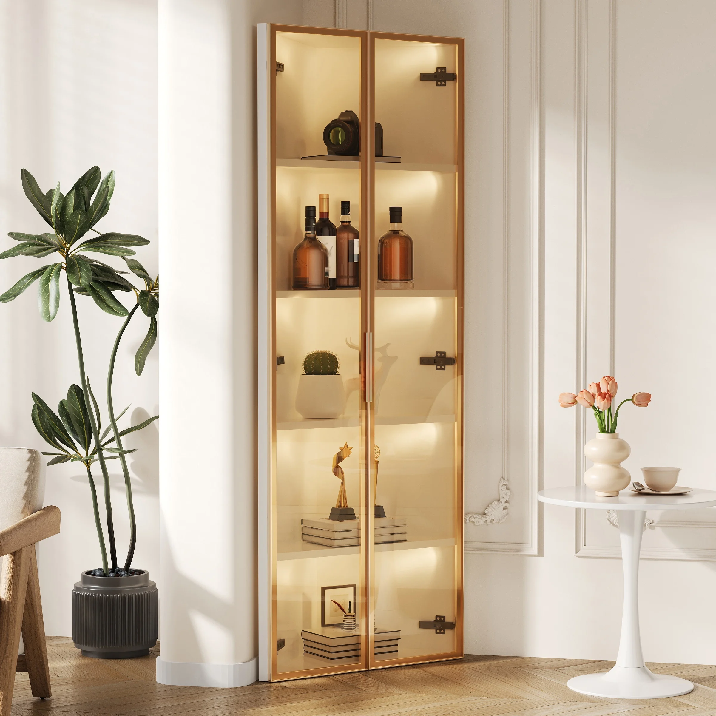 Vitrine d'angle en verre LED blanche 62x35x160cm – Vitrine en verre trempé anti-poussière avec bande lumineuse intégrée – Bibliothèque ou meuble à vin élégant pour salon – Gain de place, robuste – Montage facile – Design moderne