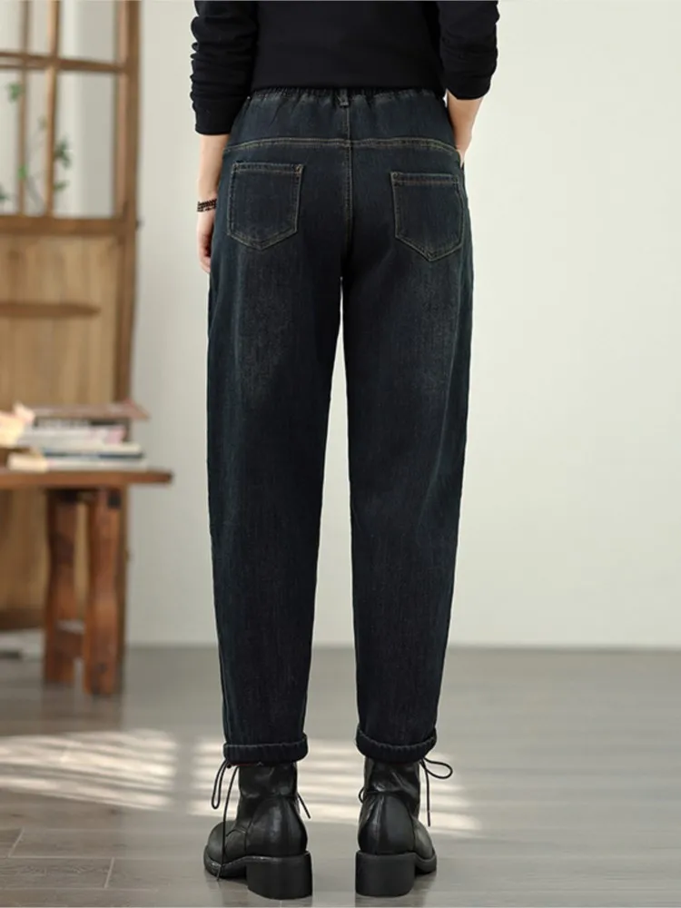 المتضخم الجينز الخريف الشتاء أفخم بانت المرأة طباعة التطريز أزياء السيدات الحريم السراويل مرونة عالية الخصر امرأة السراويل