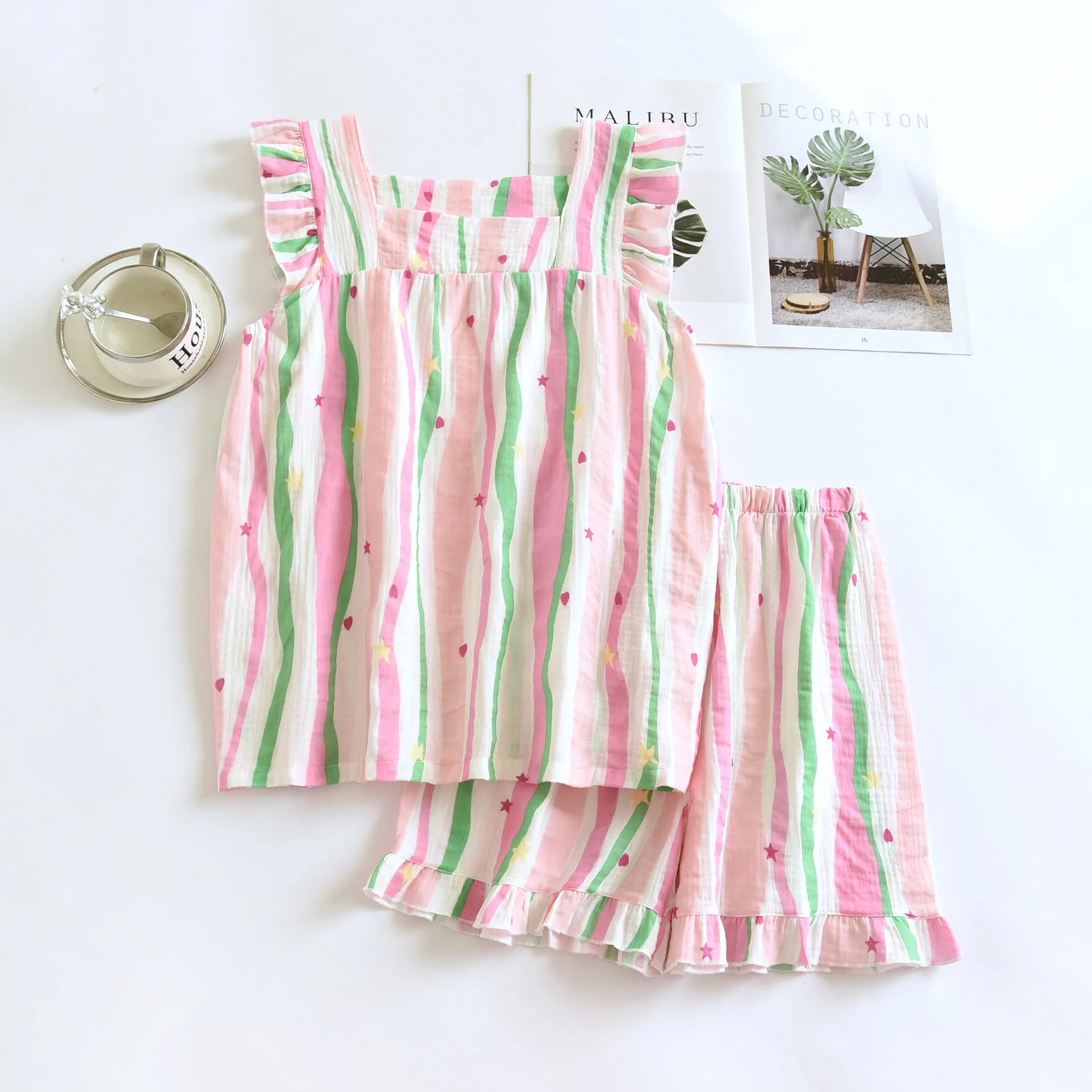 Women's Clothing Pajamas Two-Piece Suit Summer Sexy Leisure Halter Tank Top Shorts Girls Comfortable Pink Stripes Homewear Suit