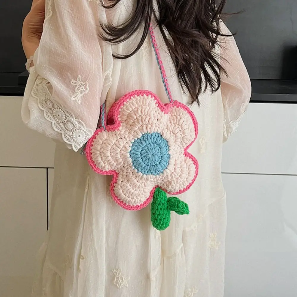 

Bohemian Cotton Crochet Weave Bag Cotton Rope Hollow Out Flower Shoulder Bag Rustic Storage Bag Knitted Crossbody Bag Gift