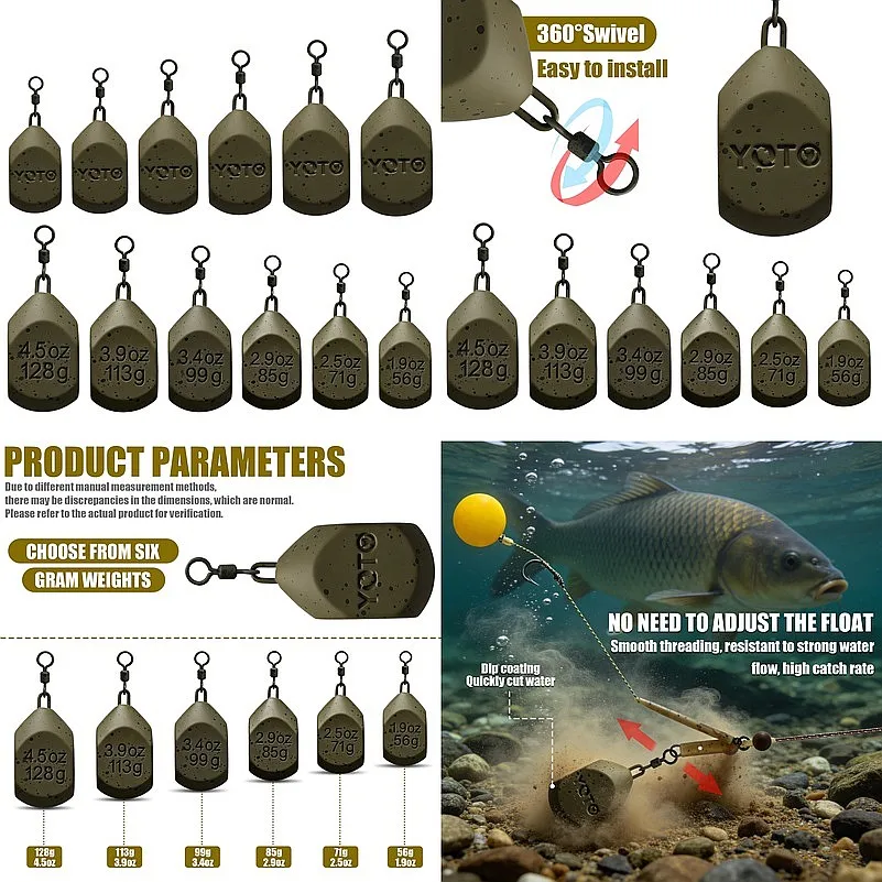 Carp Fishing Square Lead with Swivel Anti Tangle Stable Bottom Hold Strong Fishing Weight for Carp Angling