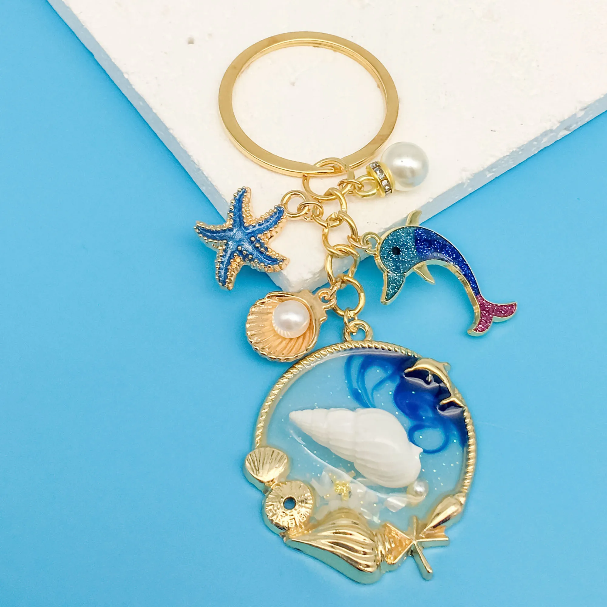 1PC Blue Dolphin Shell Starfish Alloy Enamel Inlaid Faux Pearl Charms Keychain For  Women Key Ring Ornament