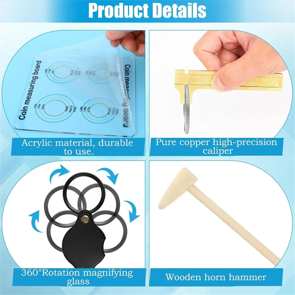 Silver Coin Tester Kit, Gold Testing Kit,Include Coin Holder, Magnifier, Magnetic Clasp, Calipers, Measuring Mat