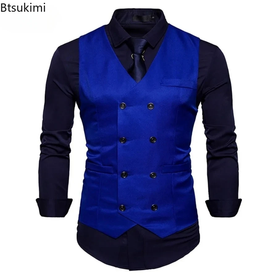 2024 Men\'s Formal Dress Vest Top Double Breasted Casual Tank Tops Solid Slim V-Neck Club Party Suits Vest Formal Waistcoat Men