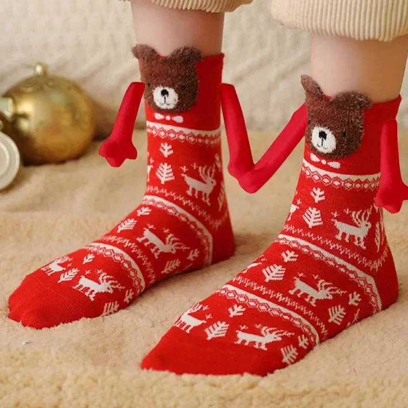 2023 Cute Christmas Magnetic Socks For Women Men Couple Funny Creative Cartoon Eyes Hand In Hand Mid Tube Pure Cotton Sockings