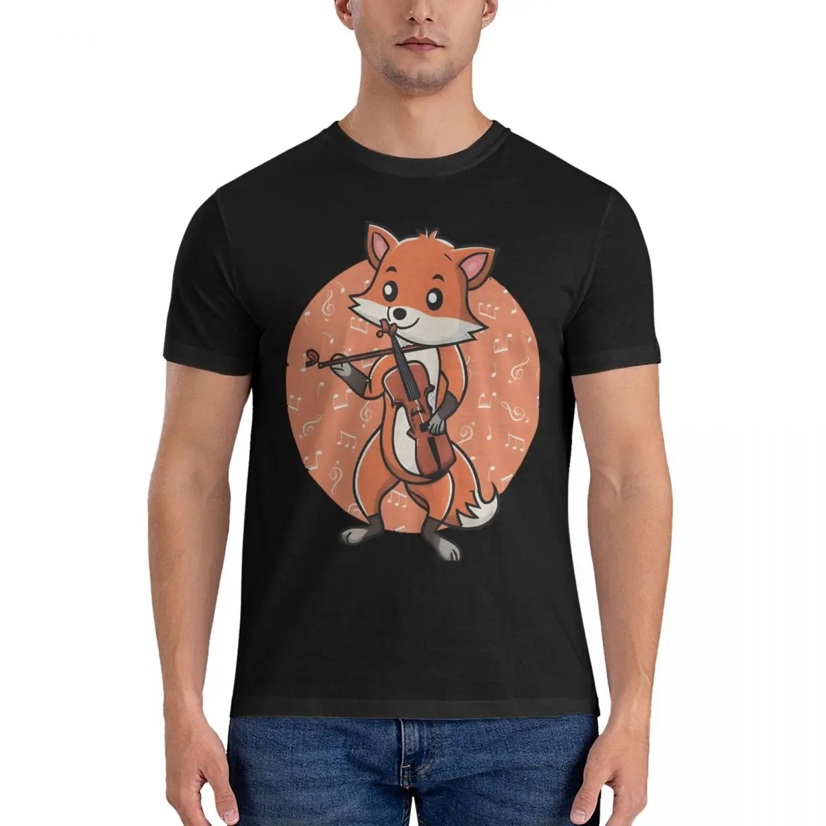 Fox Plays Violin Men T Shirt Smiling Musical Fox Vintage Tees Short Sleeve Crewneck T-Shirt Cotton Graphic Tops