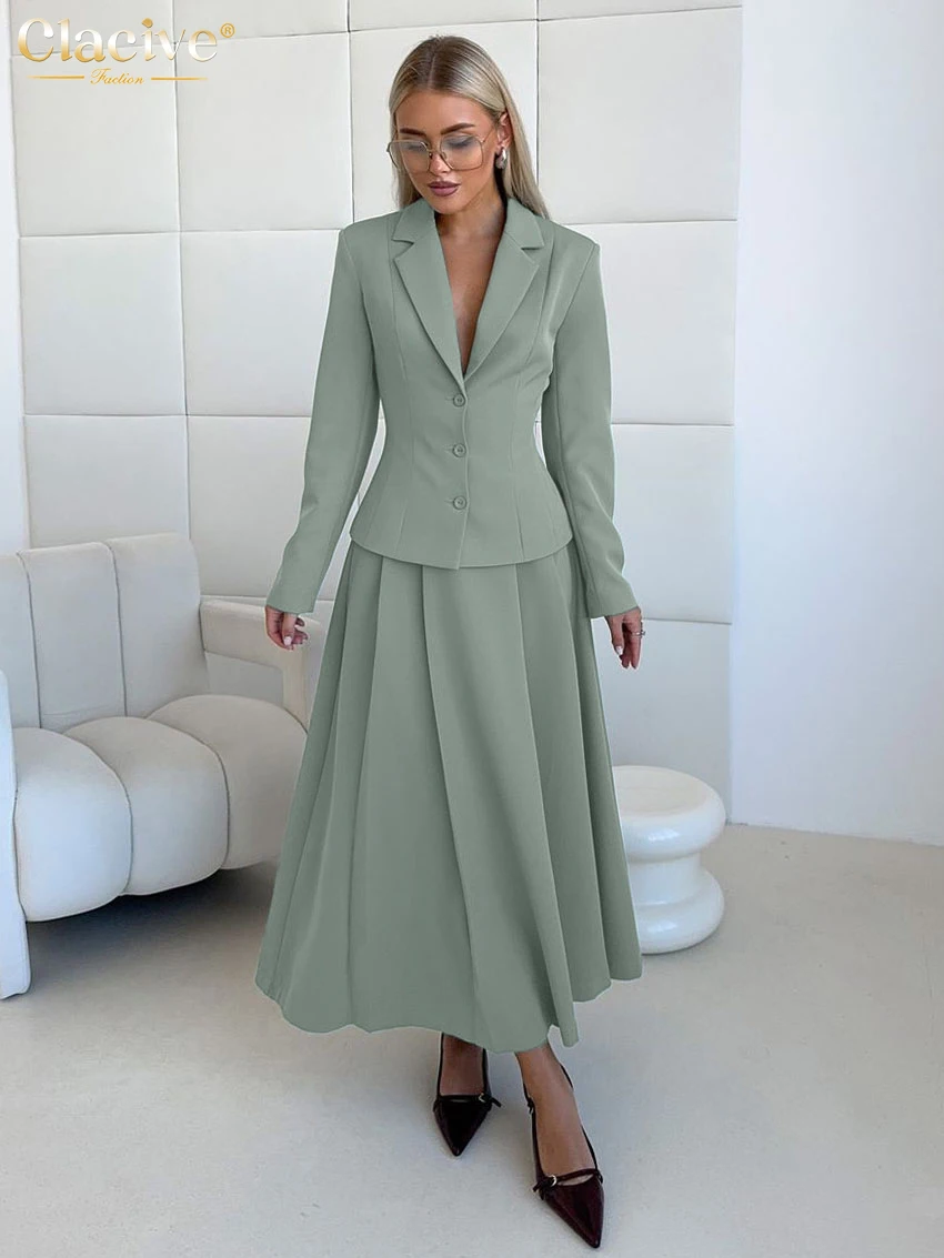 Clacive Fashion Loose Green Office 2 Piece Sets Women Outfit Elegant Long Sleeve Shirt With High Waist Pleated Long Skirt Set