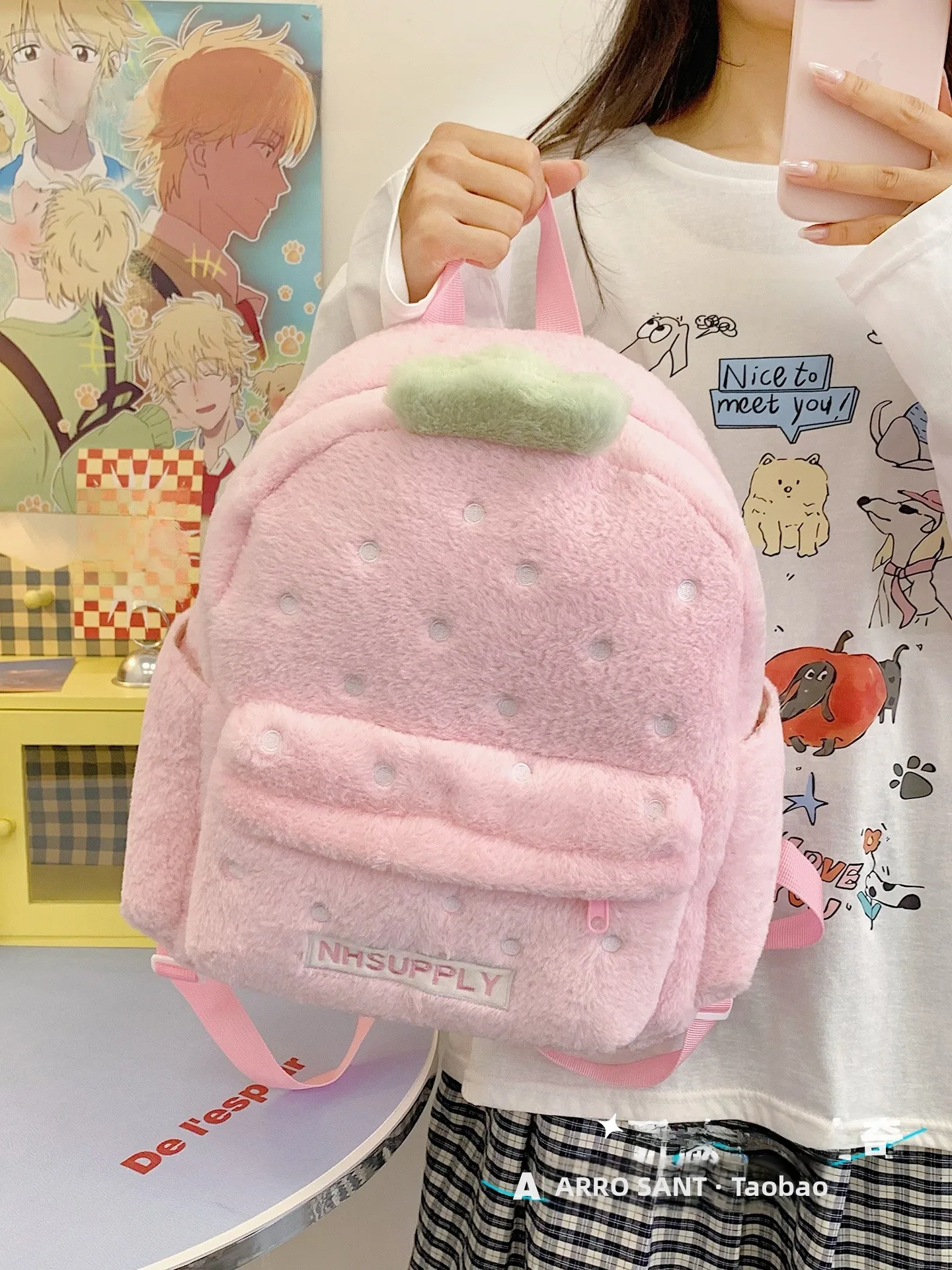 

Winter Warm Plu Stberry Cute Bapa Sweet Heart Travel Double oulder Bag for College Students Youth Faion Sle