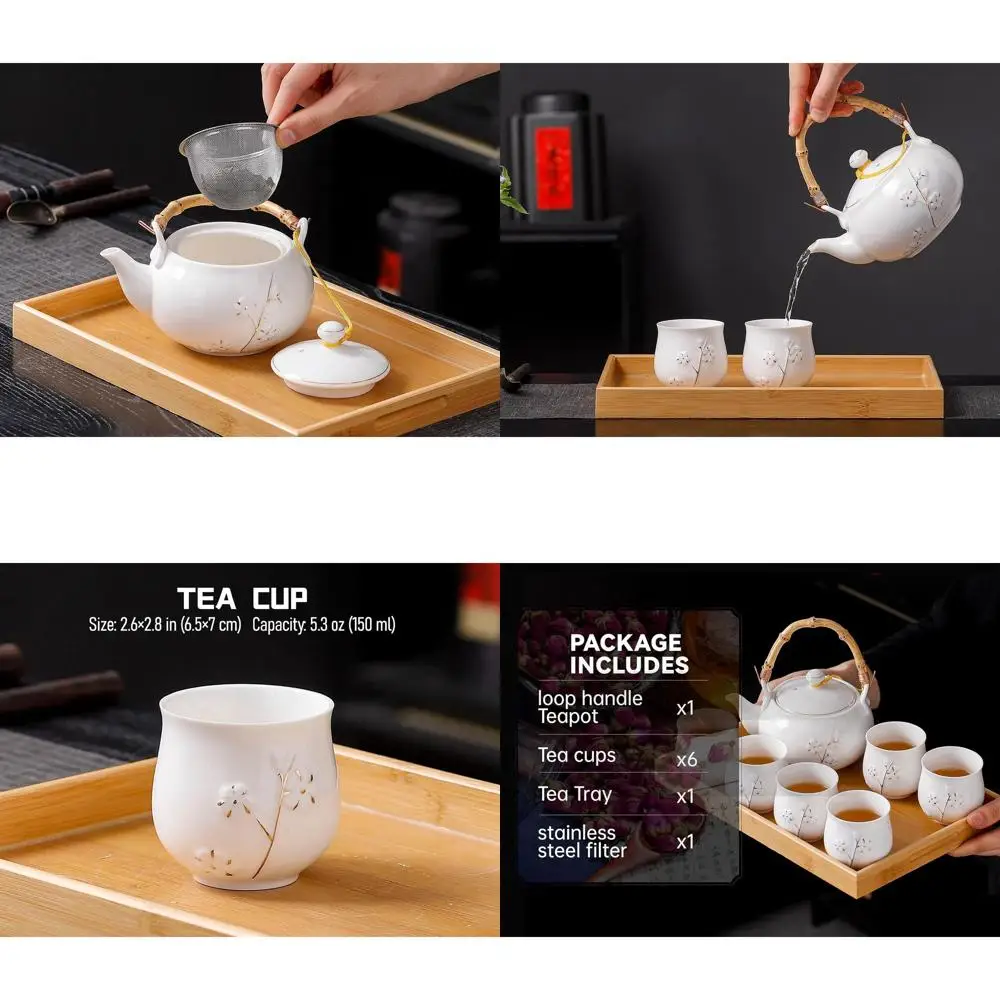 

Изысканный белый фарфоровый японский чайный сервиз с 1 чайником, 6 чашками, подносом и узором в виде цветов сливы