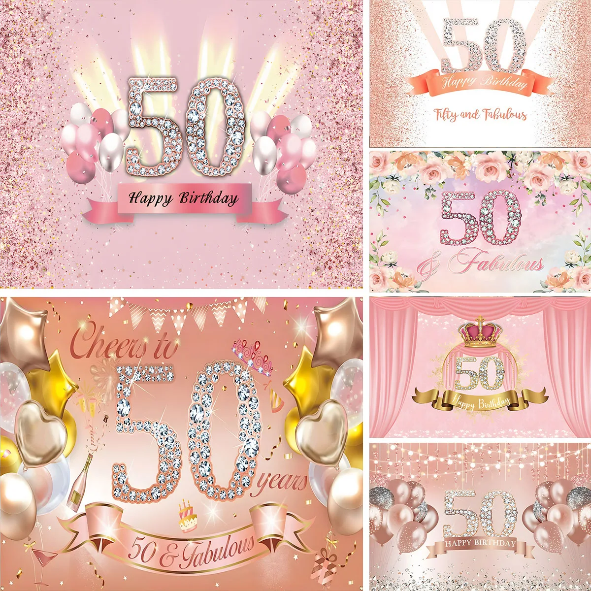 Happy 50th Birthday Party Backdrop Men Women Blue Gold Silver Spangle Photography Background 50 Year Old Anniversary Decorations