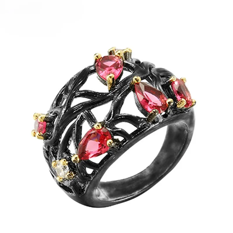 S925 silver creative black gold color separation ring women's, diamond-set ruby water drop pear-shaped hollow ring
