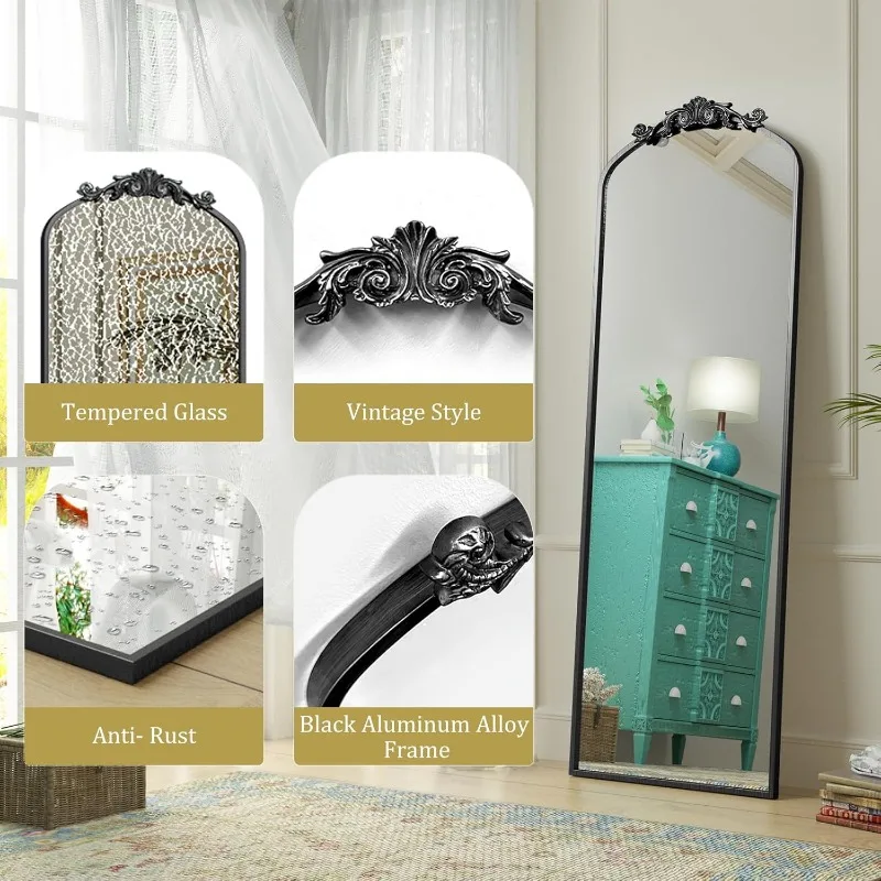 Black Arched Full Length Mirror 78x32, Baroque Inspired Vintage Body Mirror for Wall, Ornate Floor Mirror for Dressing,