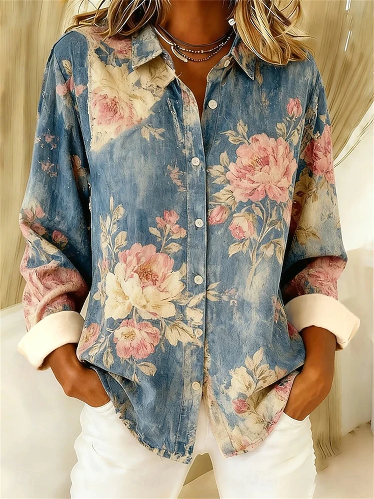 Women’s Elegant Long-Sleeve Autumn Blouse Vintage Floral Print Button-Down Loose Casual Sophisticated Top for Work or Daily Wear