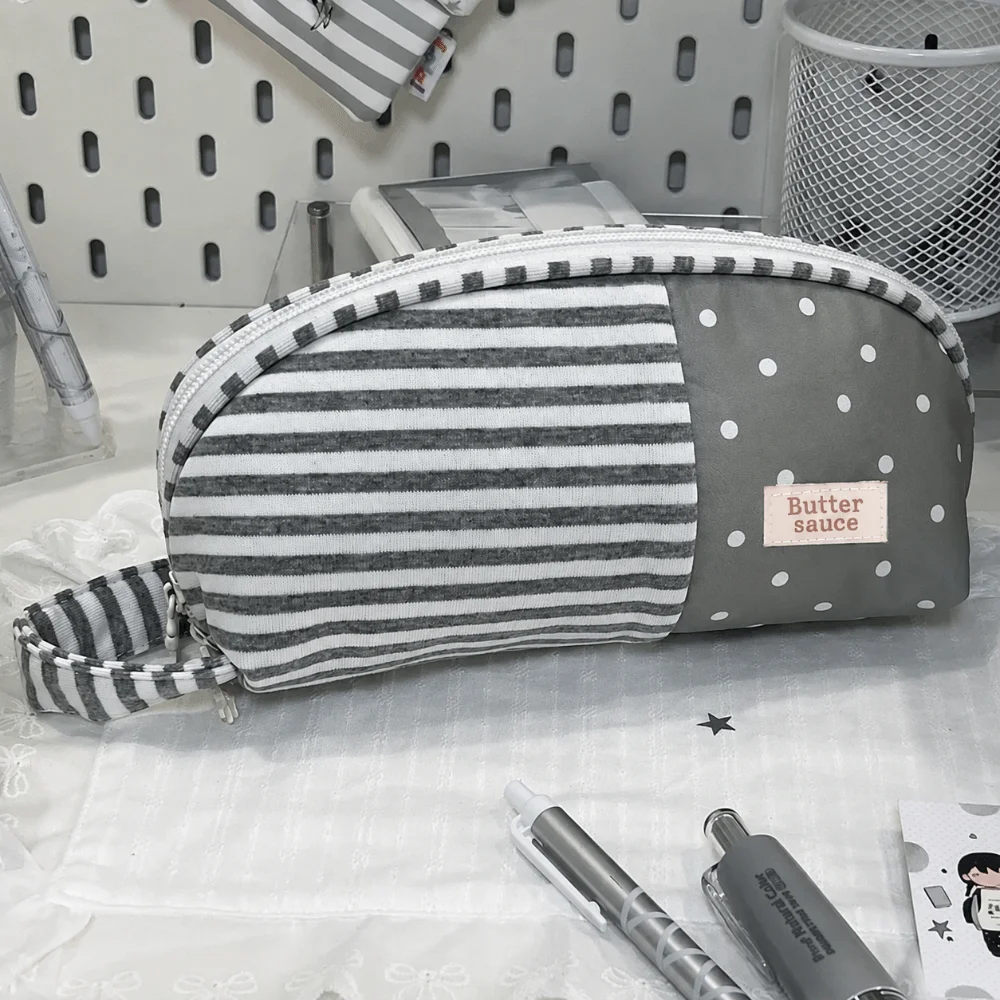 Portable Stripe Patchwork Pencil Case Polka Dot Shell Shape Pen Bag Multi-compartment Handheld Stationery Bag Gift