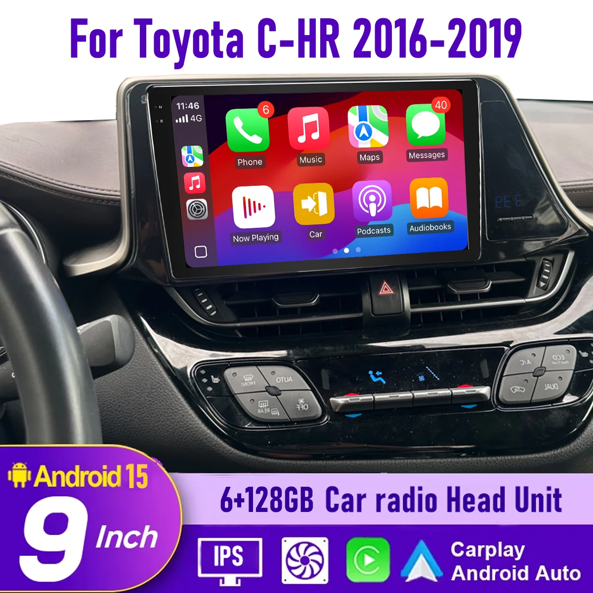 

9“ Wireless CarPlay Android auto 6-128GB (8CORE) For Toyota C-HR 2016-2019 QLED Screen Android15 Head Unit Navigation Car Radio