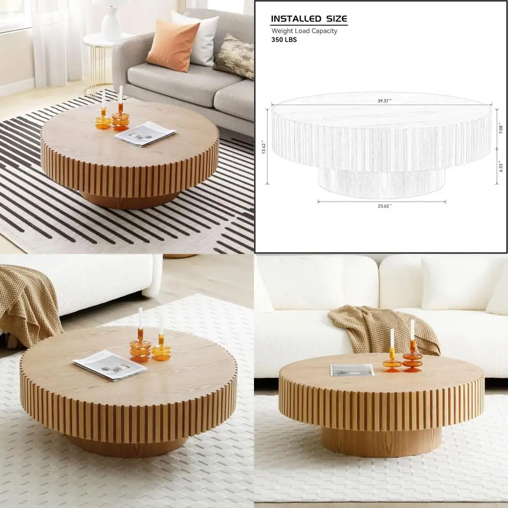 Modern Farmhouse Style Oak Coffee Table, 39.4 Round with Hand-Carved Details for Living Room