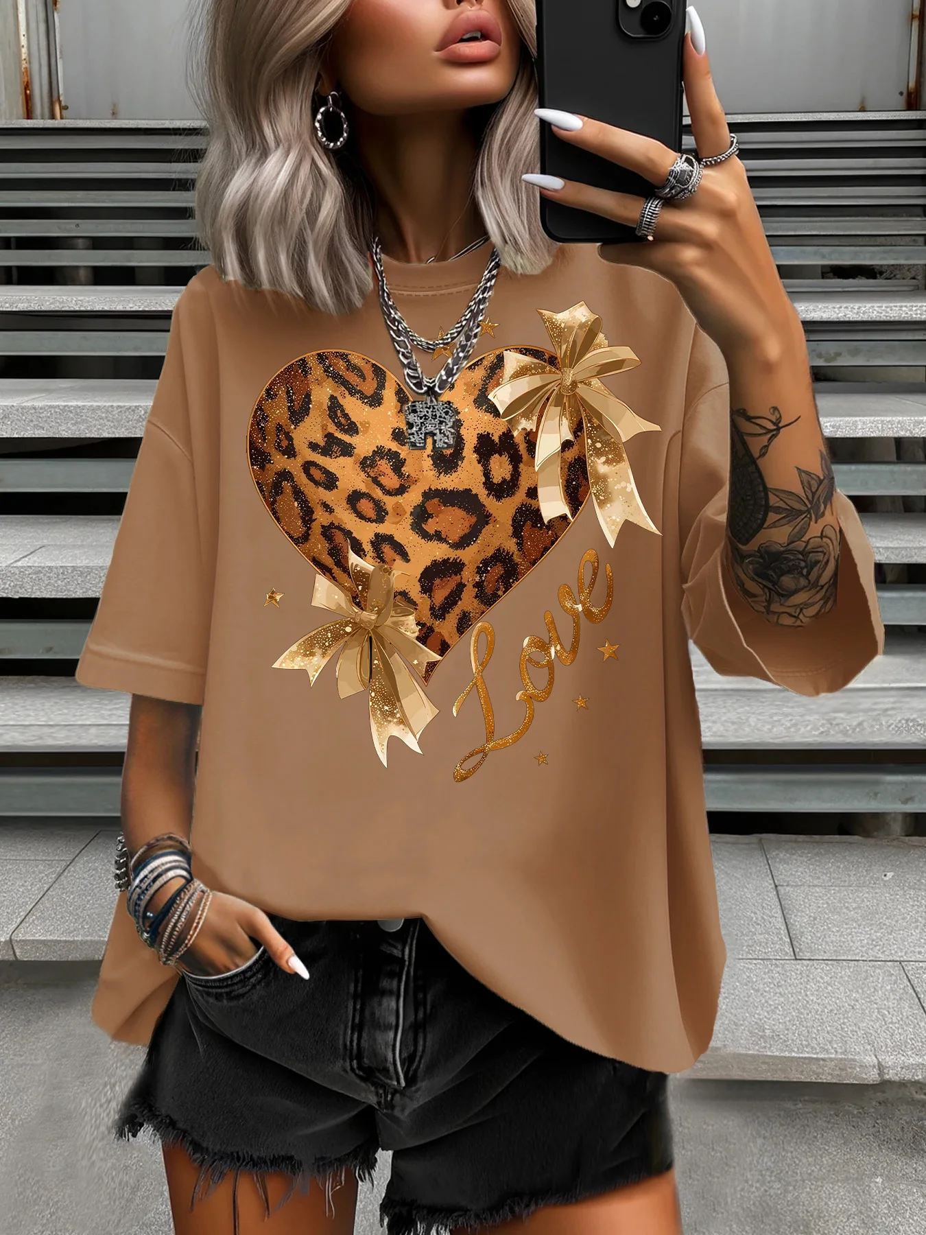 

Summer Women's Plus Size T-Shirt Original Design Fashion Love Heart Leopard Printed Women's Casual Round Neck Short Sleeved Tops