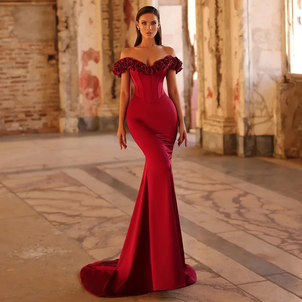 Vestidos de noite de alta qualidade fora do ombro cetim 3d flores sereia vestidos de noite com decote em v sem mangas trompete formal vestido de festa