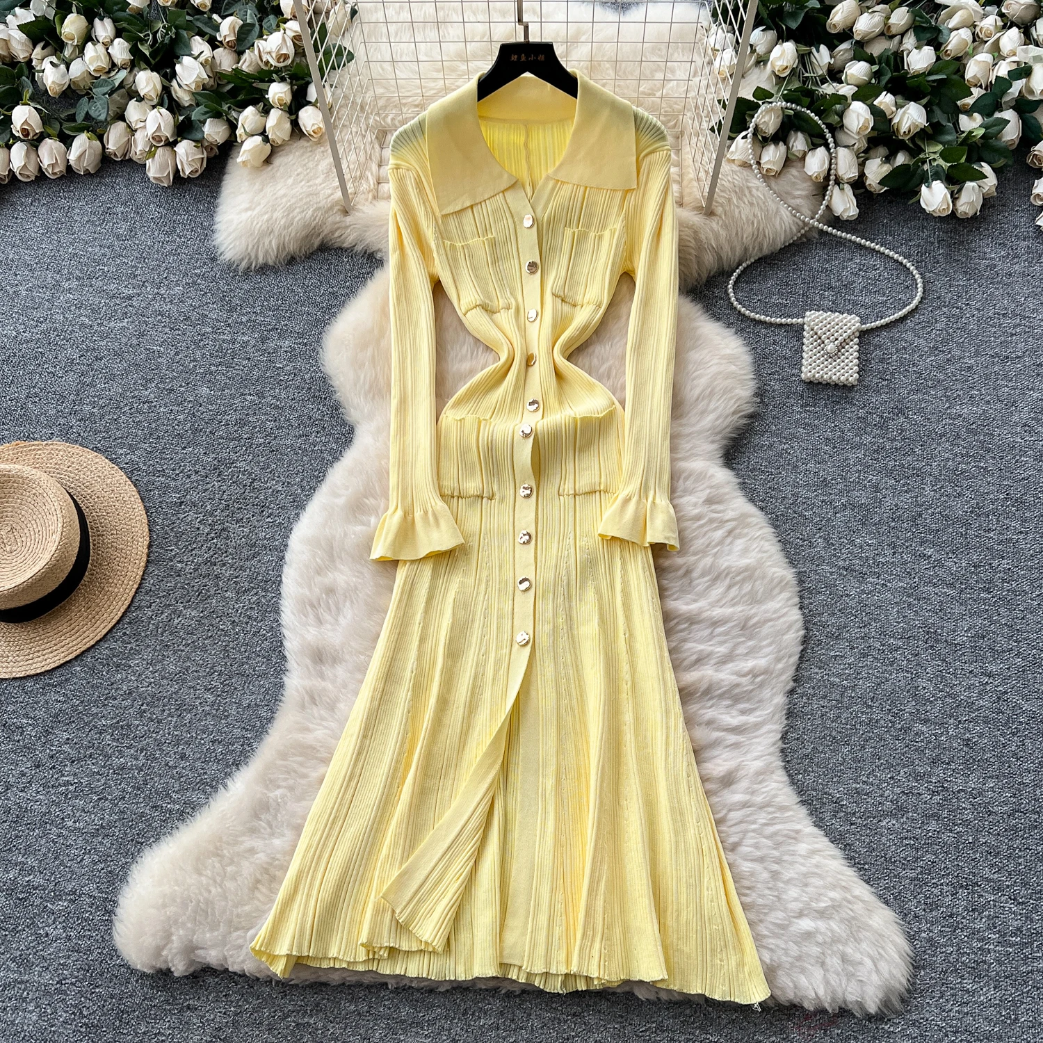 

Осенне-весенние женские вечерние платья для подиума, вязаный свитер с расклешенными рукавами, однобортное длинное платье макси с рыбьим хвостом