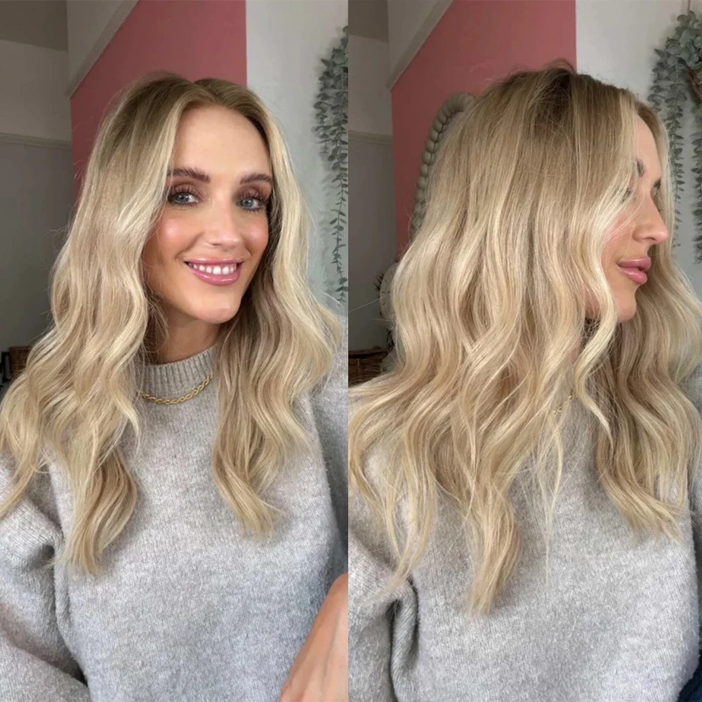 Warm Blonde Synthetic Wigs Ash Roots Lace Front Wig Mid-Length Cosplay Natural Wave Wigs for White Women Natural Heat Resistant