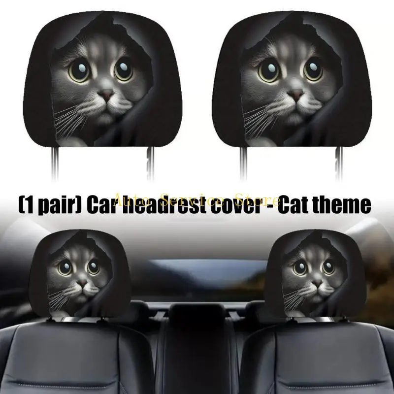 462A Feline Breathable Car Headrest Protector Cover With Themed And Easy Care Fabric for Car Suvs Truck 2pcs
