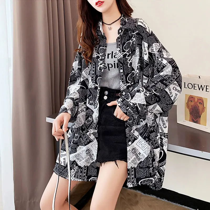 Korean Printed Single-breasted Blouse Long Sleeve Female Fashion Loose Turn-down Collar Thin Casual Shirt Women\'s Clothing 2023