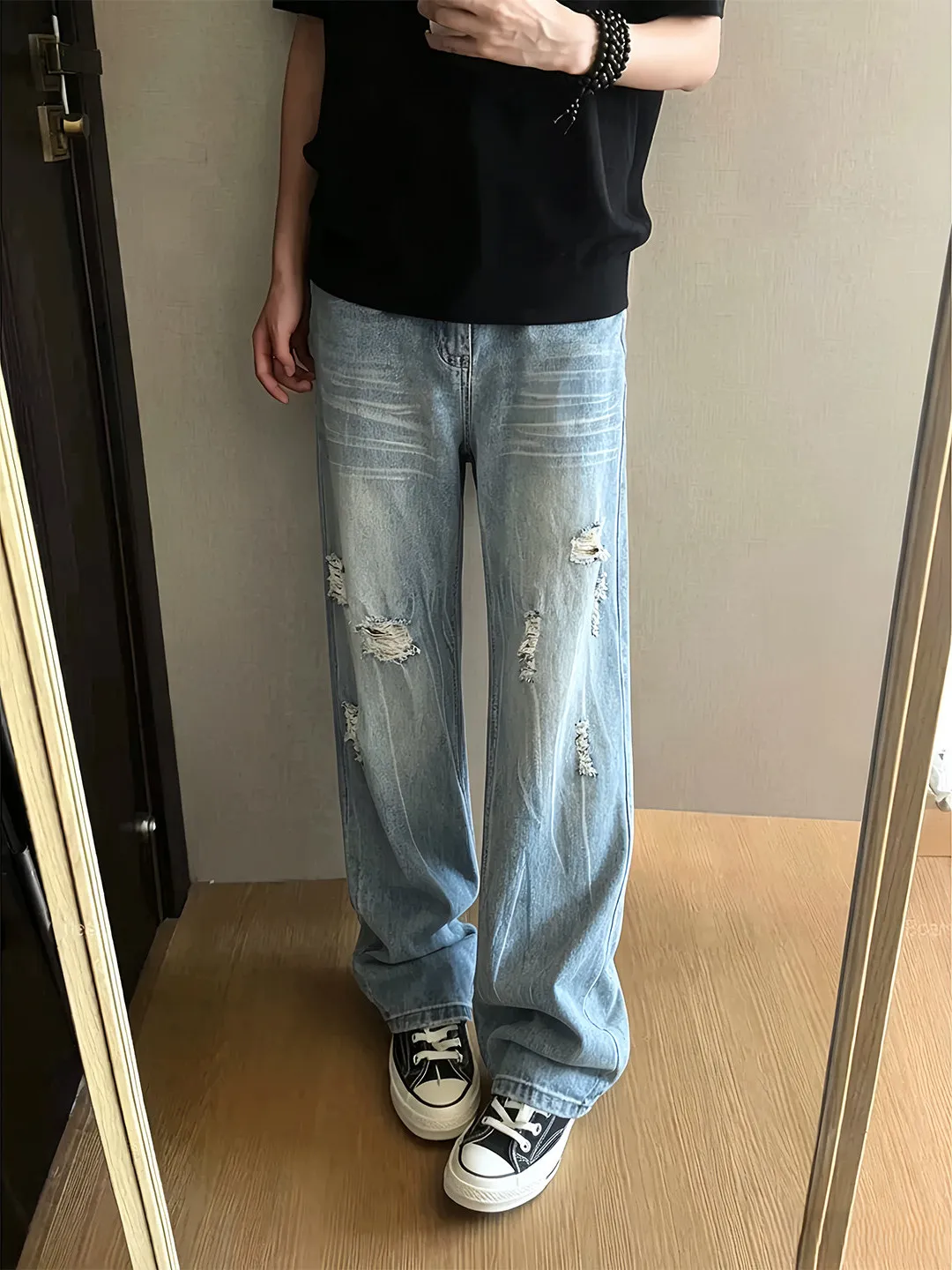 

Blue Lightning Pattern Hole Denim Jeans Men's Summer American High Street Straight Loose Fit Jeans Wear Resistant Non Shrinkage