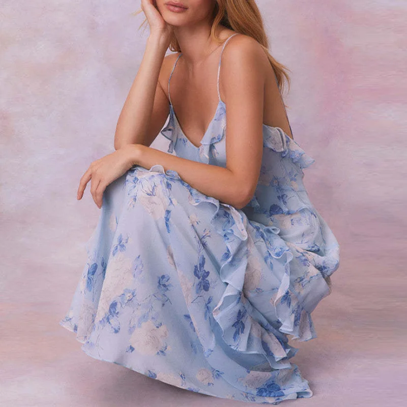 Boho Fashion Abiti lunghi slim con stampa floreale Primavera Scollo a V con volant Abito con cinturino per spaghetti Abiti maxi estivi vuoti senza schienale