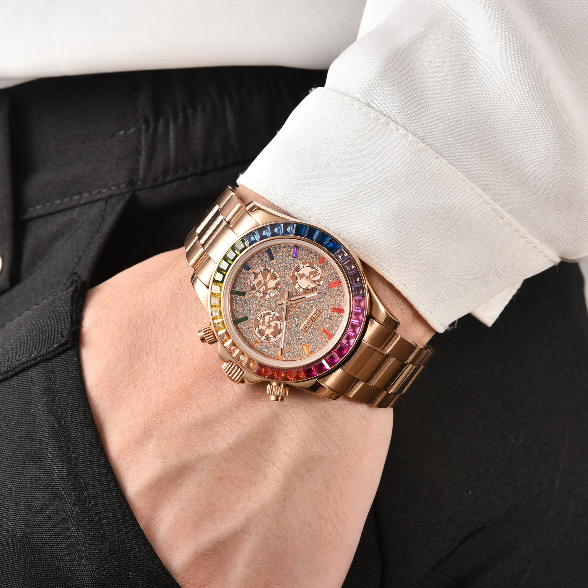 DTN series watch OUMASHI rose gold series diamond dial, rainbow crystal scale, sapphire glass waterproof VK63 chronograph