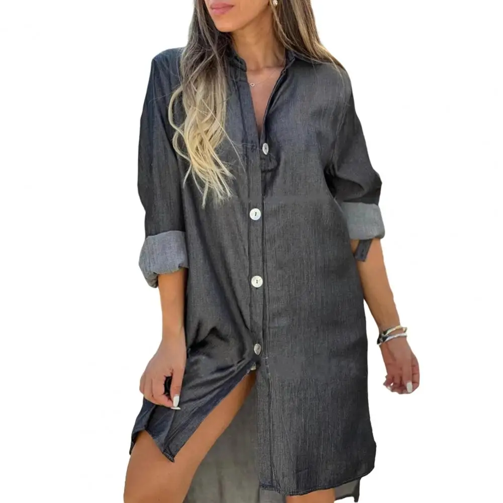 Vestido feminino linha a camisa jeans com gola mangas compridas linha a vestido na altura do joelho cor sólida roupas de peito único