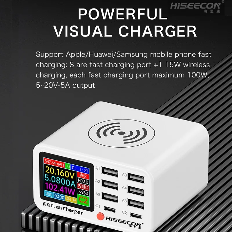 HISEECON HS220 HS65 200W MaAnt Dianba Multi-Port Adapter 8-Port PD 65W Fast Charging Cupports Wireless Charging For iPhone 15