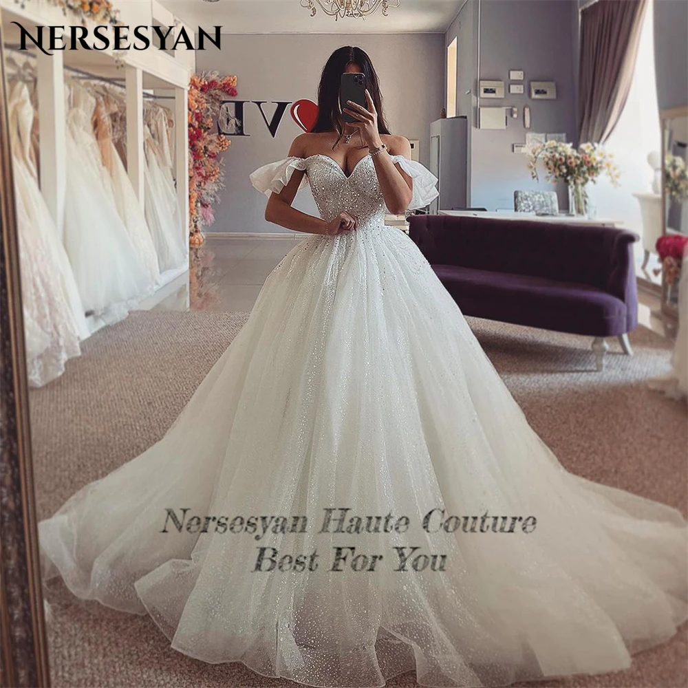 Nersesyan vestidos de novia bohemios de encaje con purpurina, vestidos de novia fruncidos sin hombros, línea A, Espalda descubierta, vestido de novia de princesa brillante