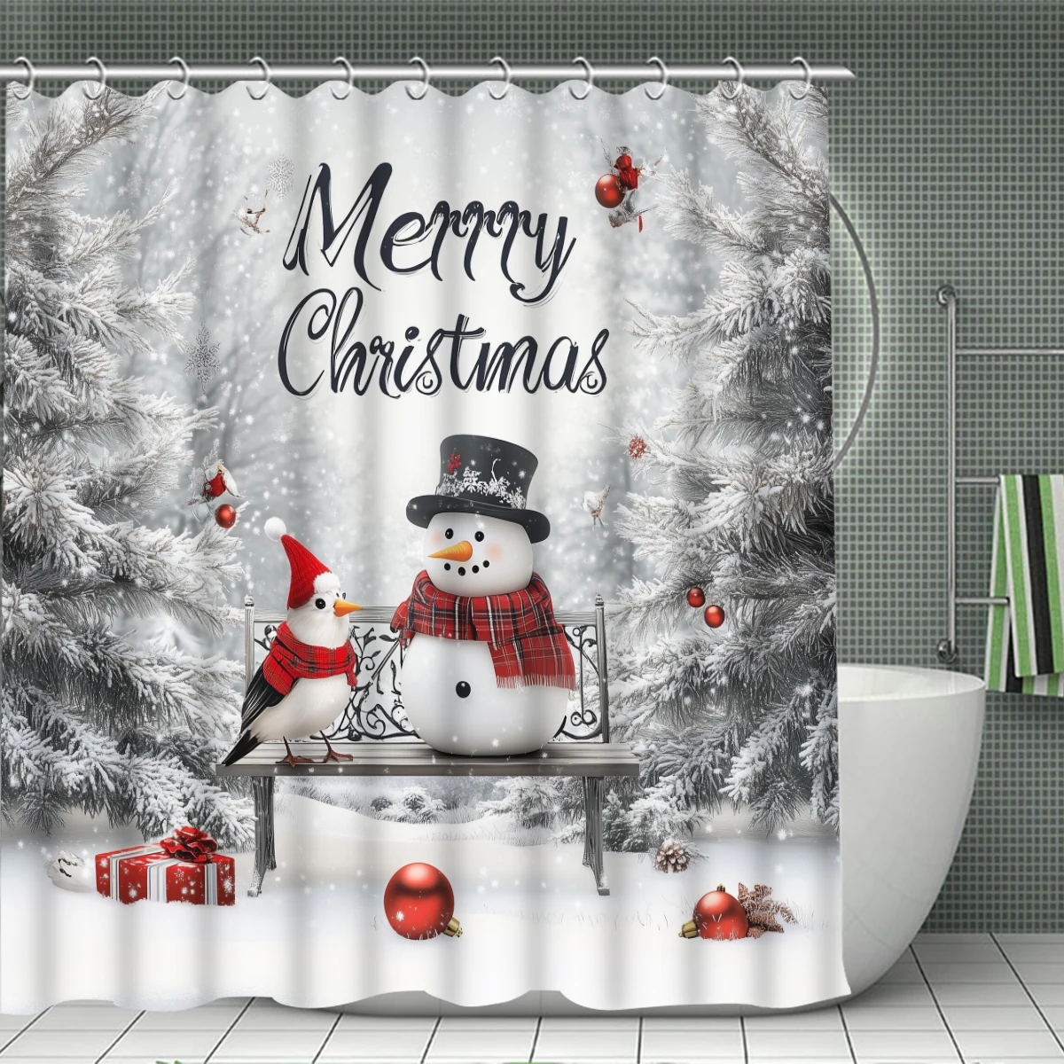 Christmas Snow snowman 1/4PC shower curtain set waterproof shower curtain and waterproof non-slip carpet,12 hooks included