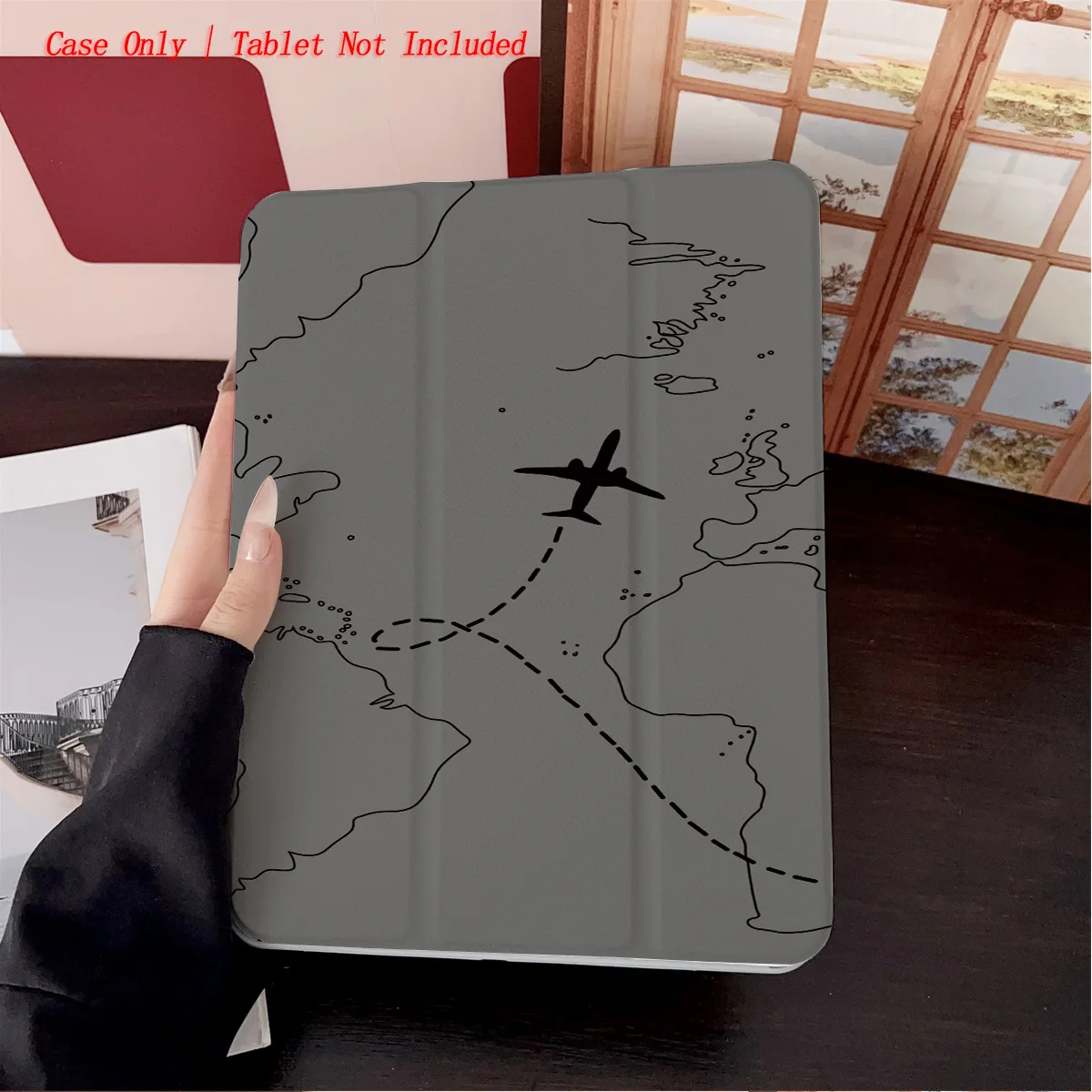 

360° Rotatable Foldable Stand iPad Case - Travel-Themed Gray Map & Black Planes Print for Apple iPad Pro/Air/Mini