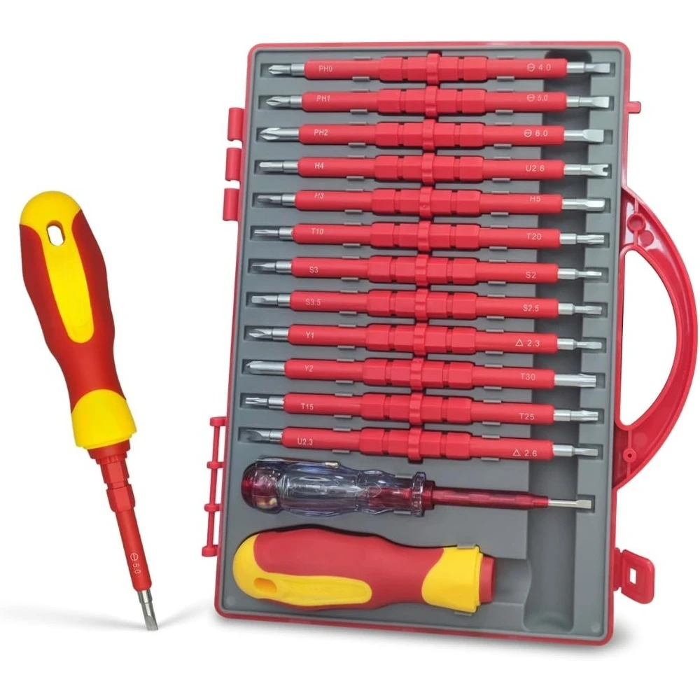 26Pcs 1000V Insulated Screwdriver Set Magnetic Tip Interchangeable Blades Electrician Repair Tools with Storage Case