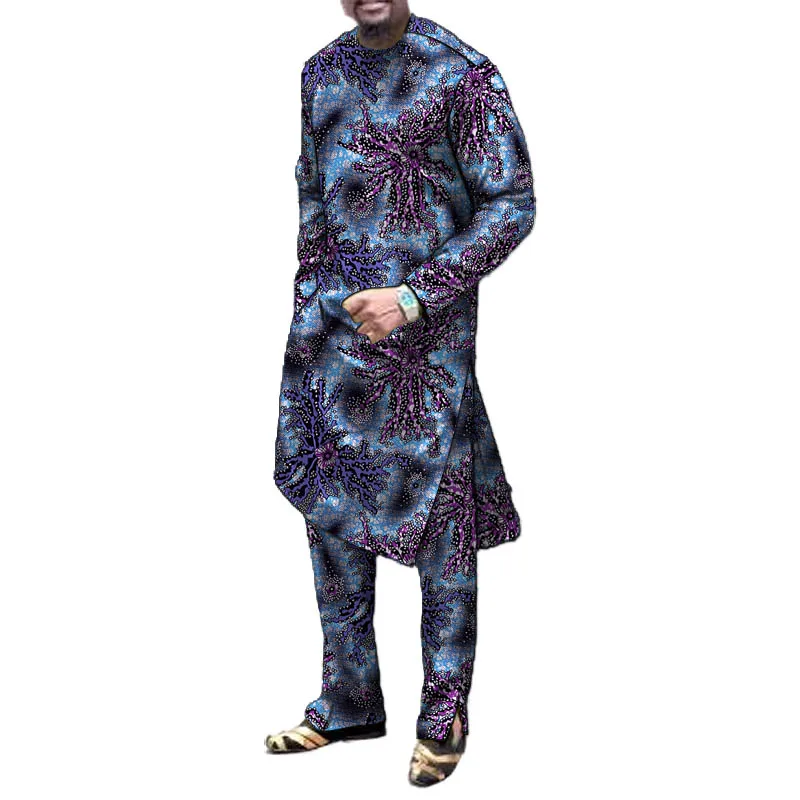

Original Design Print Men’s Party Set Long Shirt Patch Elastic Waist Pants Groom Suit Family Gift African Traditional Outfits