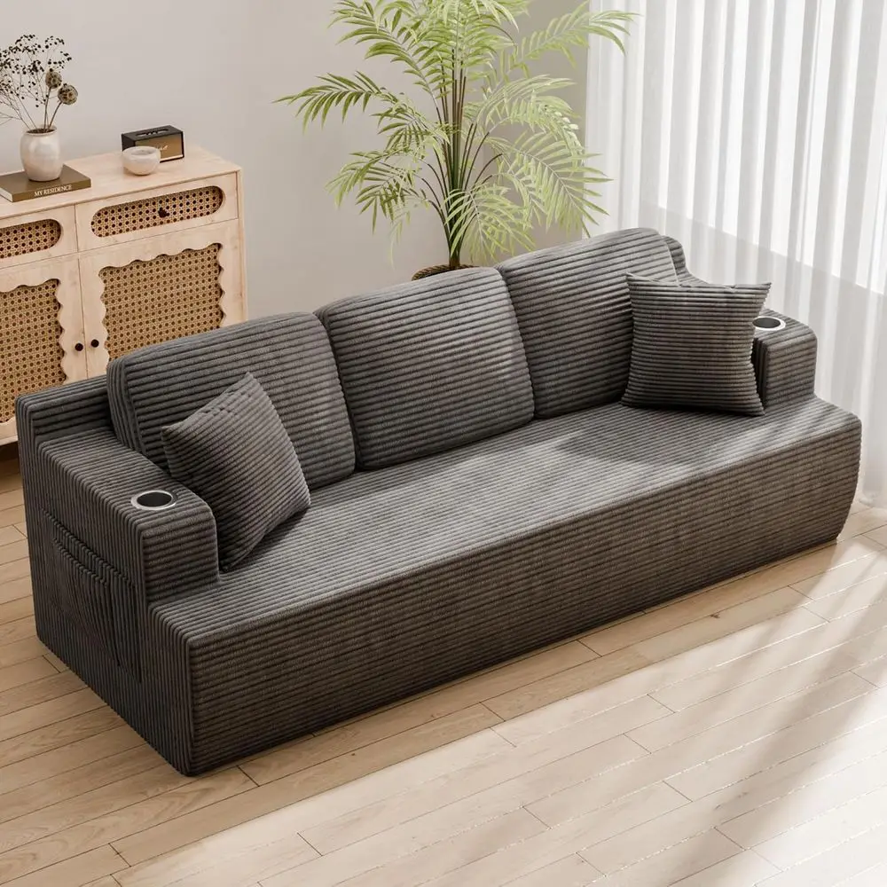 

Extra Deep 3 Seater Sofa with Pillows, Corduroy Fabric, Cup Holder & Storage, Grey, Easy Assembly