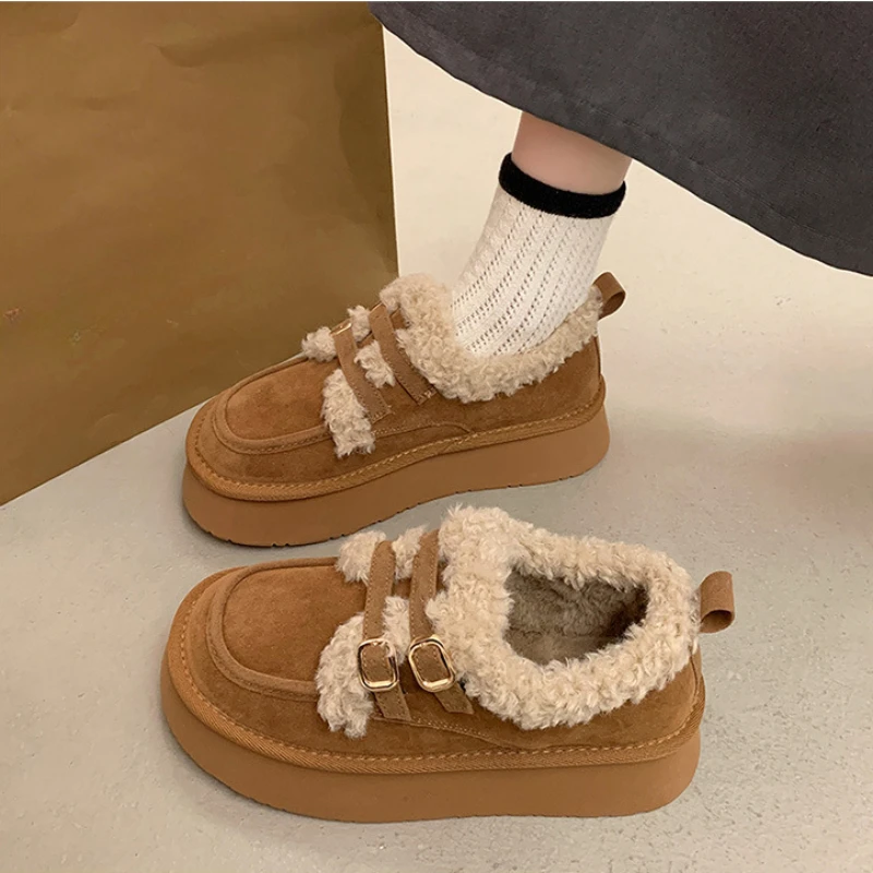 Fur Snow Ankle Boots Women Winter Platform Flats Shoes 2024 Fashion Warm Short Plush Shoes Walking Suede Cotton Femme Booties