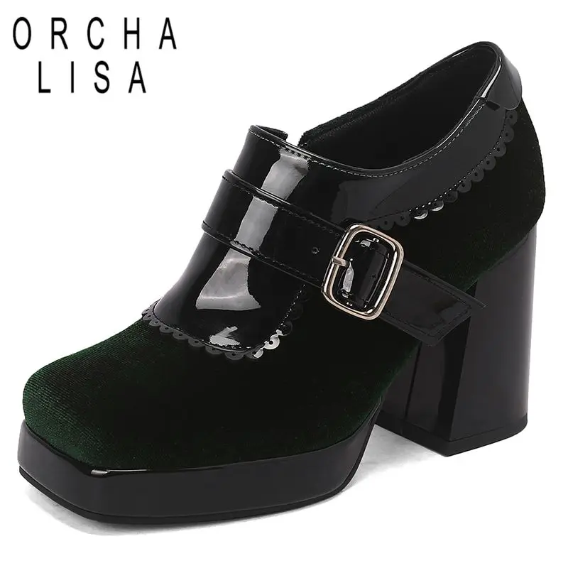 

ORCHA LISA Женские замшевые туфли-лодочки из флока с квадратным носком на массивном каблуке 9,5 см, платформа 2 см, застежка-молния, пряжка ремня, разноцветные, большой размер 46 47 48