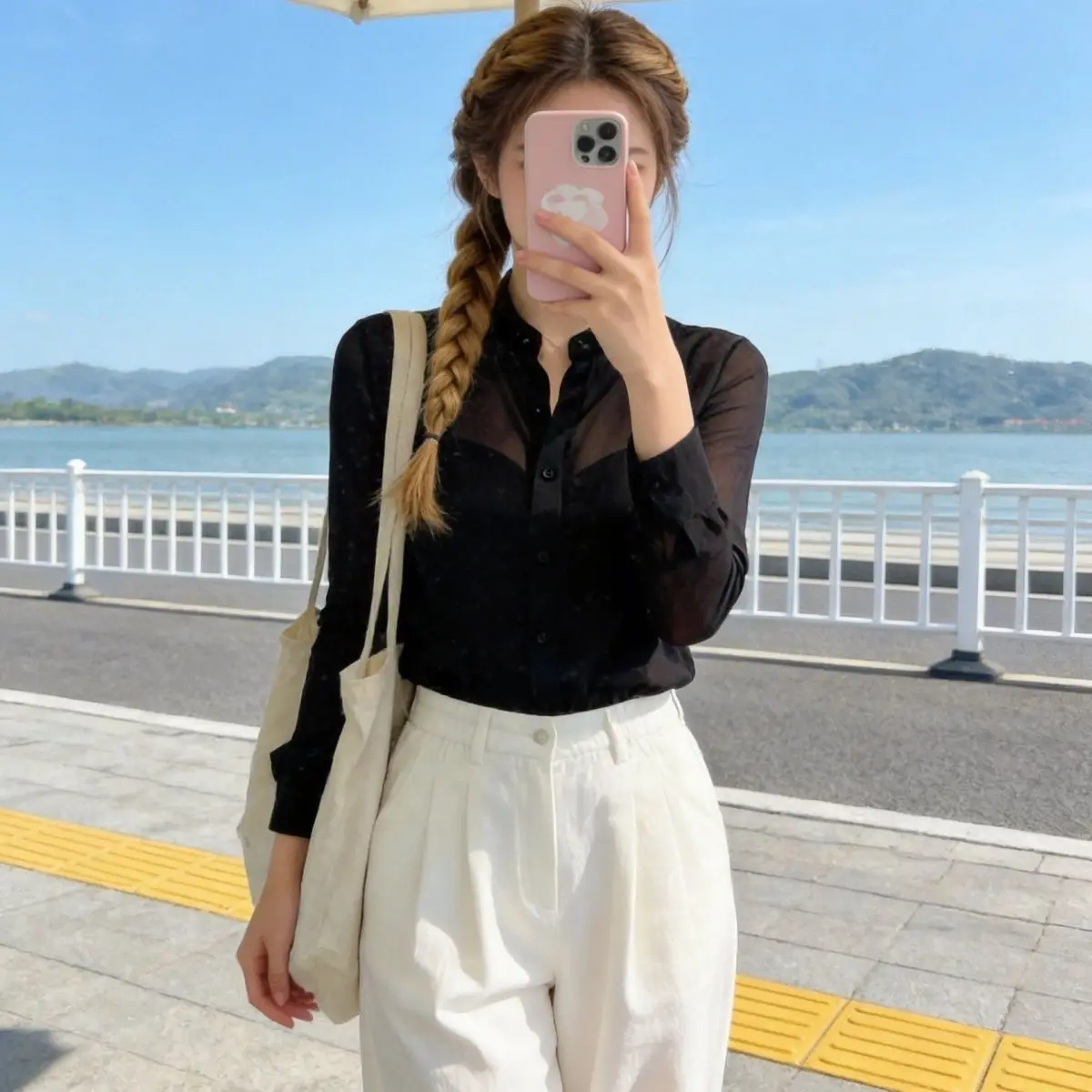 

Bla Lace Thin Long Sve See-tough irt Women's Spring Summer New Sle ular Base Layer Top French Sle Loose Fit