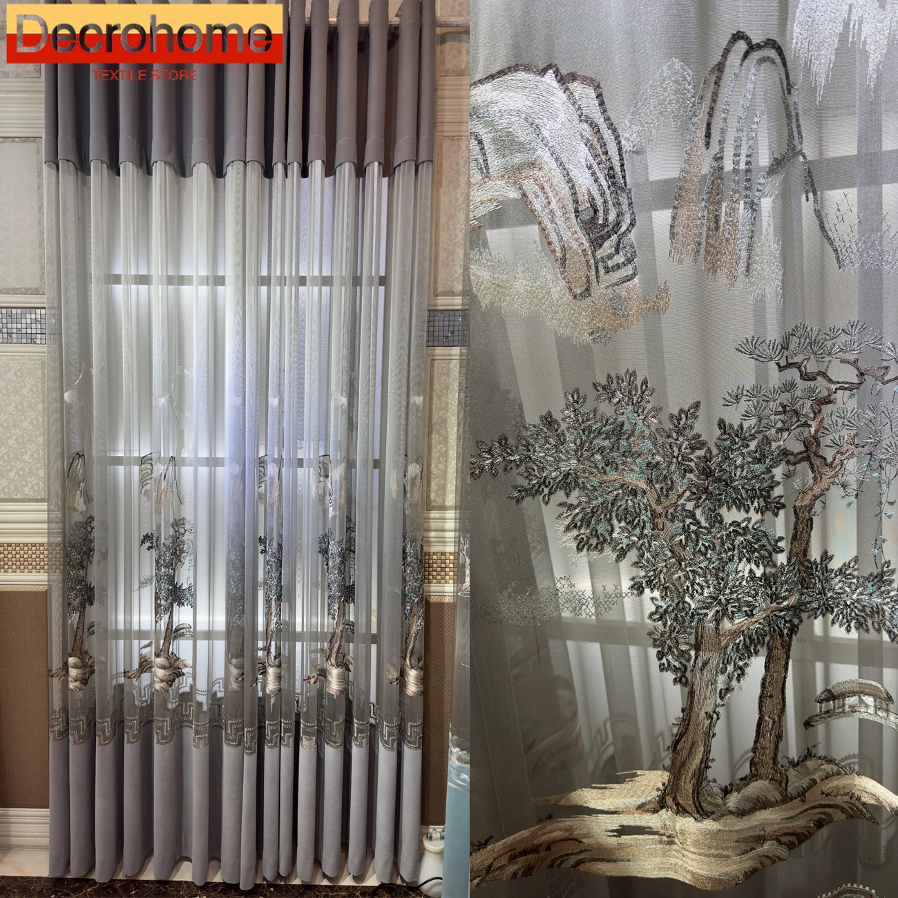 

Customized New Style Chinese Retro Light Luxury Bay Window Embroidery Curtains for Living Dining Room Bedroom