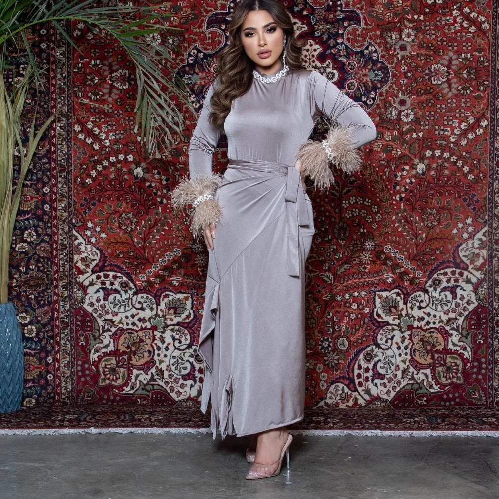 

Epoch Charming Evening Dress Trumpet Elegant Feathers Custom Made فساتين سهرة Sexy O-Neck Long Sleeve Prom Gown Women 2024