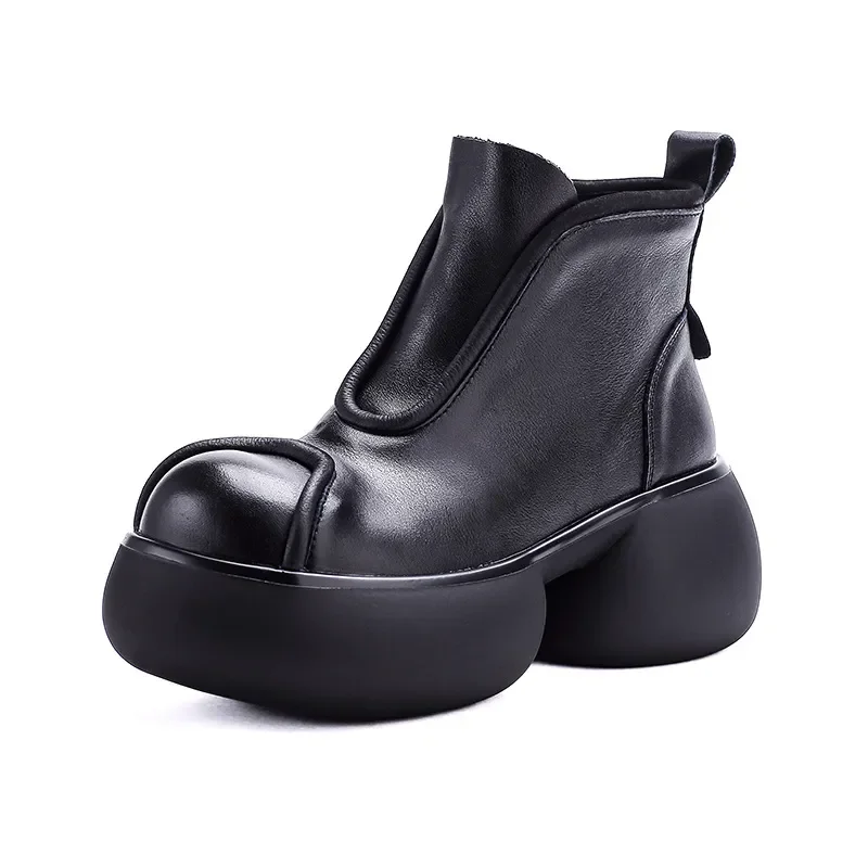 

Women's Thick Soled Ankle Boots Genuine Leather 2025 New Winter Round Toe Handmade Retro Platform Shoes
