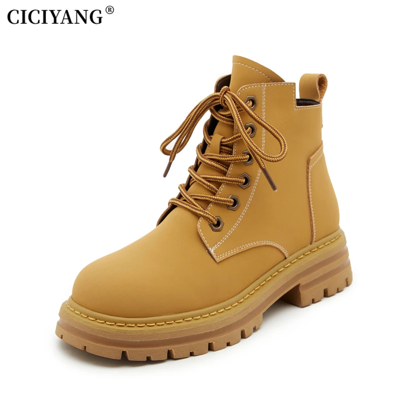 

CICIYANG Marton Shoes Women Genuine Leather British Style Platform Lace-up Rhubarb Boots Ladies 2024 Autumn All-match Short Boot