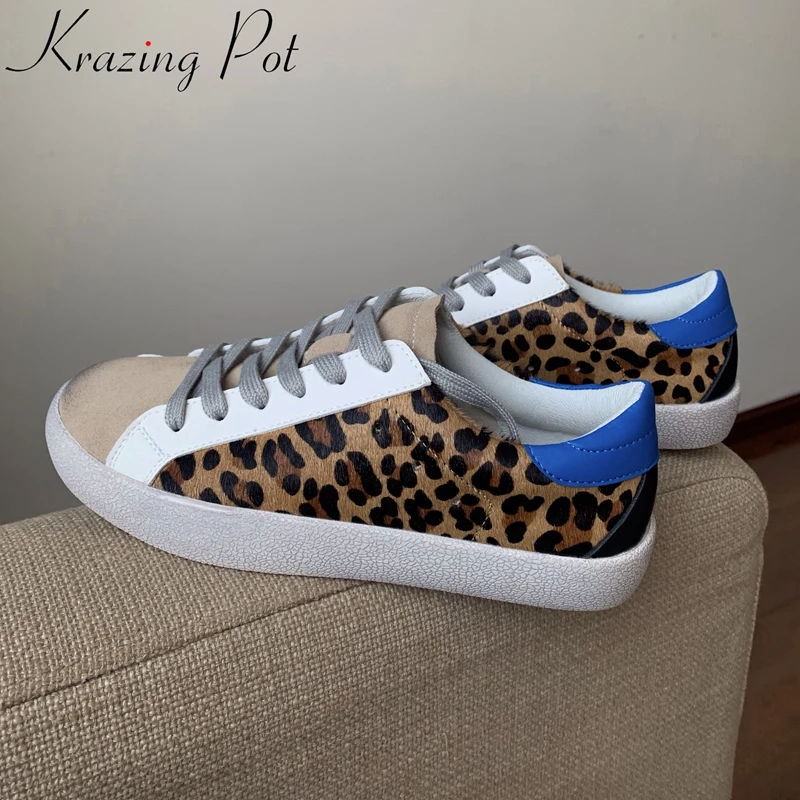 Krazing Pot Brand Cow Leather Horsehair Leopard Round Toe Thick Bottom Sneakers Lace Up Breathable Casual Women Vulcanized Shoes