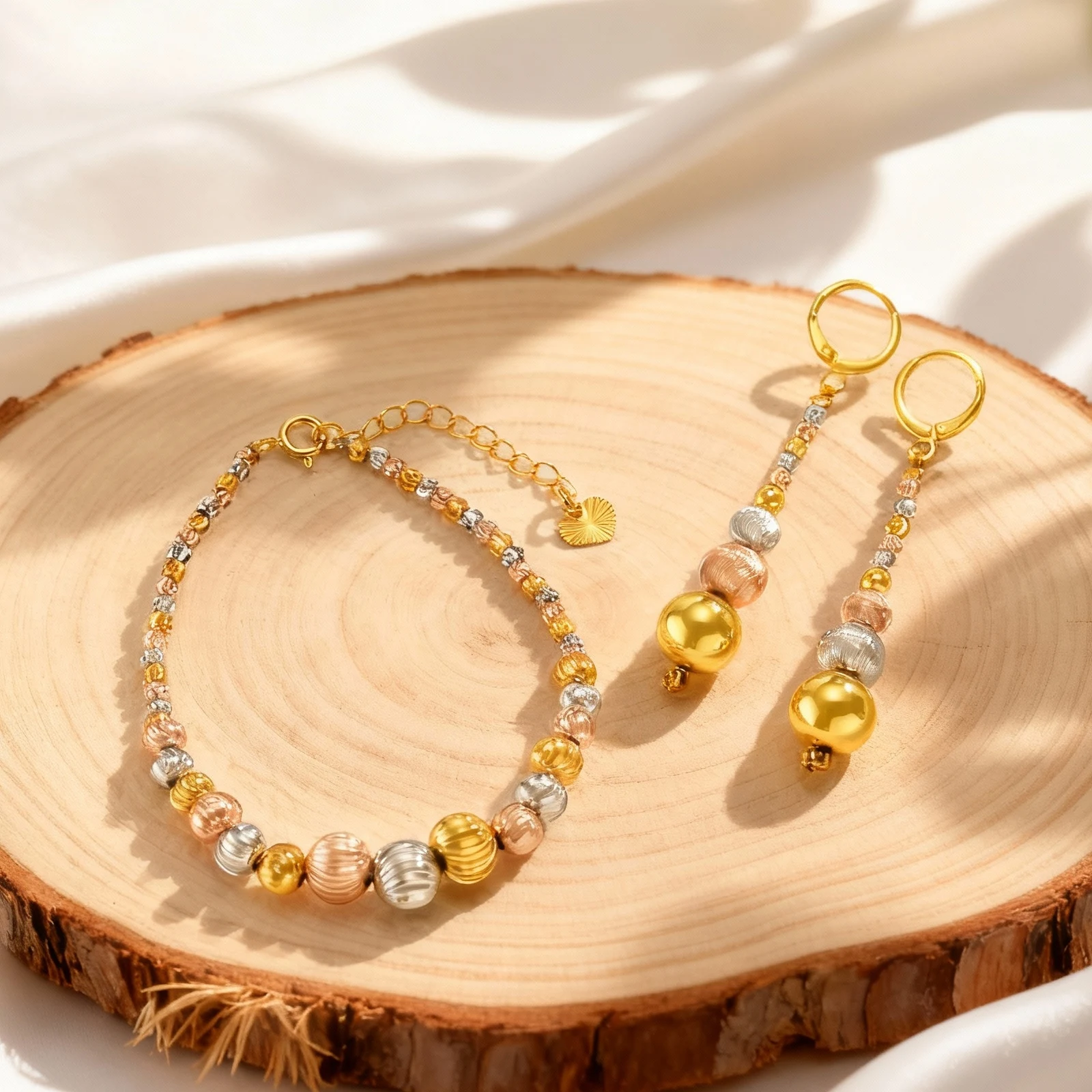 Dainty Tri-Color Irregular Watermelon Bead Jewelry Set for Women– Gold Plated Textured Multi-Tone Bracelet & Drop Earrings