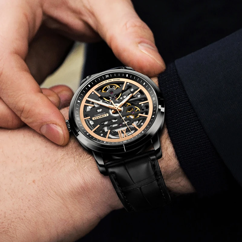 LOBINNI 42mm quadrante scheletrato orologio automatico da uomo cinturino in pelle di marca di lusso orologio da polso a carica automatica da uomo
