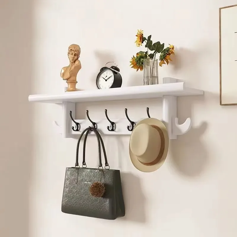 Rustic Solid Wood Wall Coat Rack with Shelf & Hooks, Entryway Living Room Storage Organizer