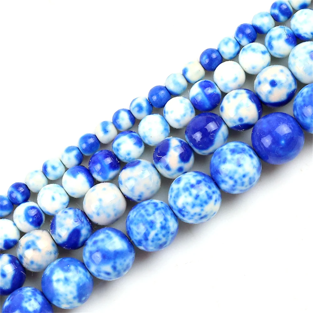 

Natural Blue White Speckled Rainstone Stone Beads Round Loose Stone Beads For Necklace Jewelry Making DIY Decorative Accessories