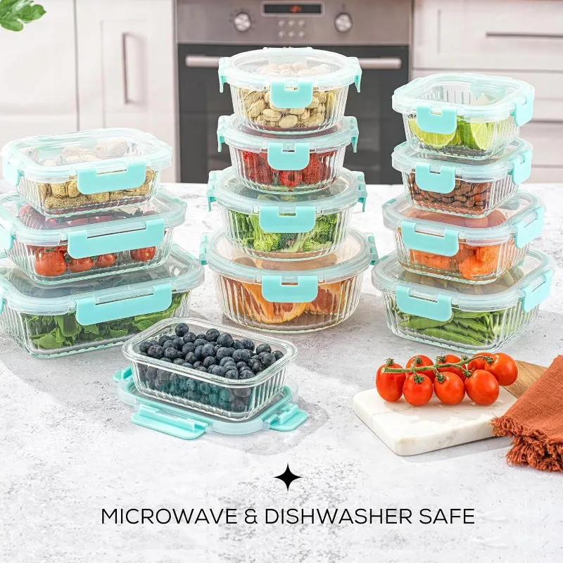 24pc Fluted Glass Storage Containers with Lids. 12 Airtight, Freezer Safe Food Containers, Pantry Kitchen Meal Prep for Lunch